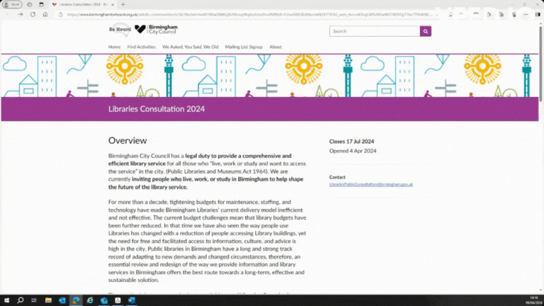 A short clip showing that when you view the html code on the consultation, it says "Ideas to attack use of libraries"