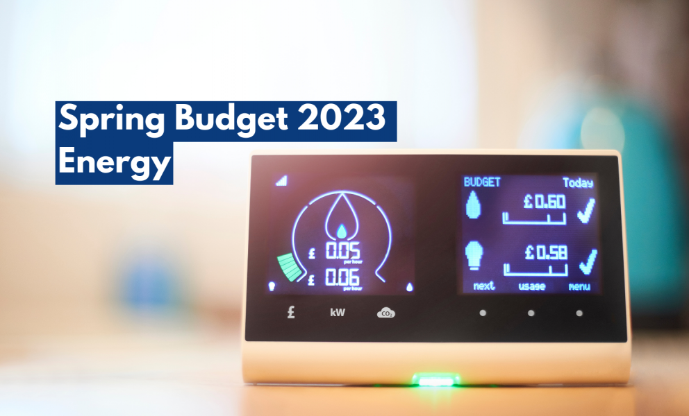 A smart meter interface with the text "Spring Budget 2023 - Energy"  