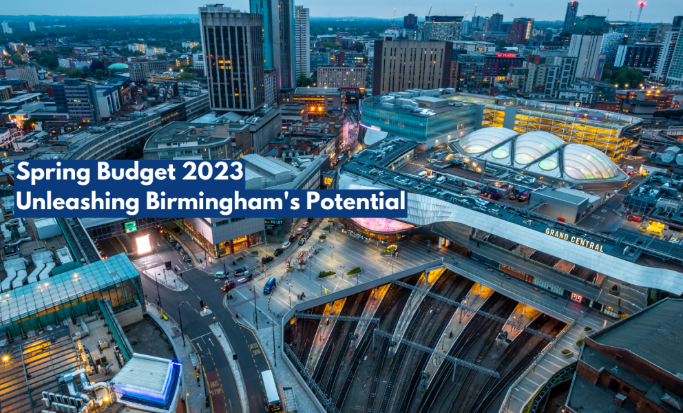 Birmingham City Centre focused on Grand Central at New Street Train Station with the words "Unleashing Birmingham's Potential" over it