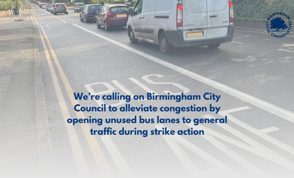 A lane of traffic next to an empty bus lane - text reads " We're calling on birmingham city council to alleviate congestion during public transport strikes by opening unused bus lanes to general traffic