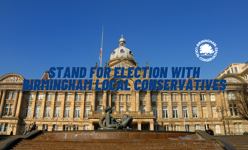 Birmingham City Council with "stand for election with Birmingham Local Conservatives" written in blue across the top