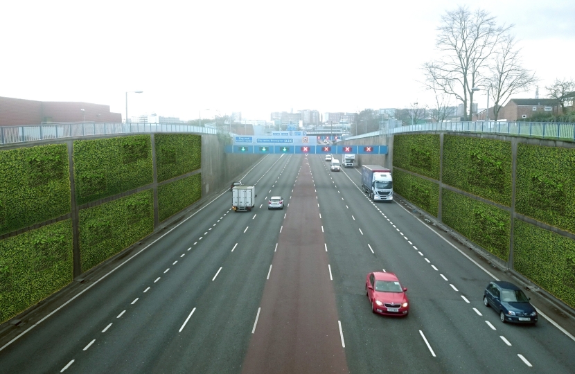 Artist's impression of what living green walls on the Aston Expressway could look like. Living green walls have been proven to remove up to 40% of NOx from the surrounding air