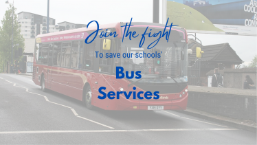 Text reads "Join the fight to save our schools' bus service". over an image of a national express west midlands bus